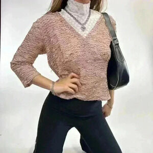 Pink textured V neck long  sleeve
